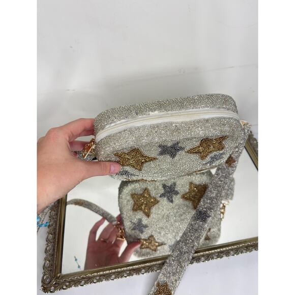 White Box Bag Purse with Stars / Gold Silver / Beaded / Zipper Closure / Handmad - Picture 9 of 10